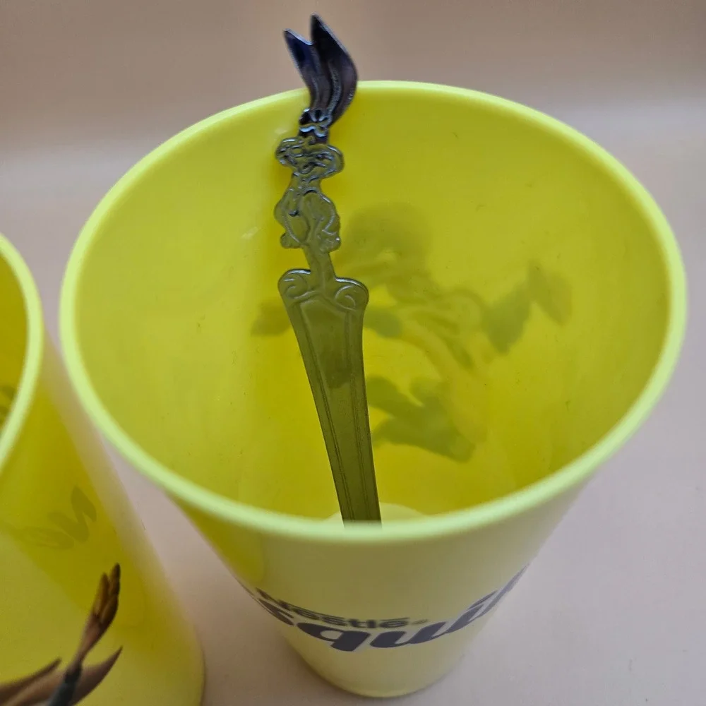 Vintage Nestle Nesquik Yellow Plastic Cups & Bunny Mixing Spoons Set of 2
